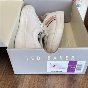 Ted Baker White Leather Sneakers with Pink and Black Stripe